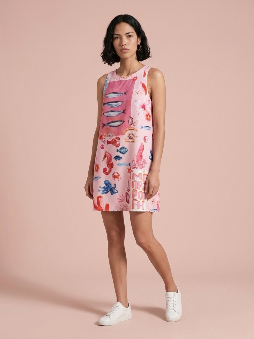 SHEIN Pink Sleeveless Sea-Print Shift Dress